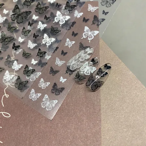 Butterfly Nail Art Stickers Black And White Adhesive Decals Ultra Thin Flexible Japanese Style Elegant Manicure Decoration