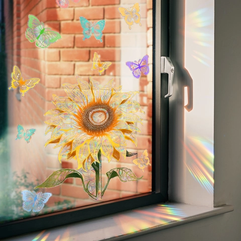 Zonnebloem Vlinder Zonvanger Raamsticker Statische Kleefkracht Regenboogmaker Prisma Raamsticker Voor Huisglas Decoratie