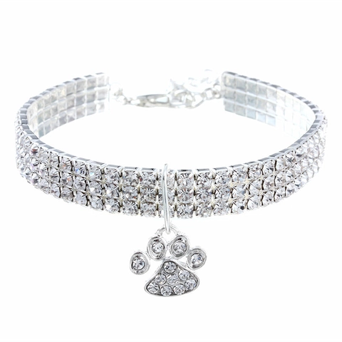 Pet Collar Necklace Alloy Rhinestone Triple Row Elastic Paw Print Pendant For Dogs Cats Shiny Jewelry