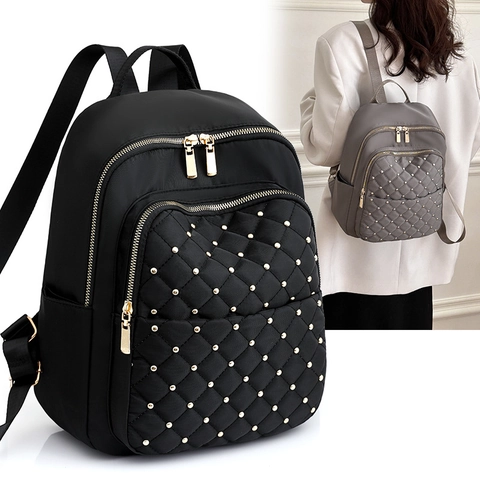 Zaino In Nylon Da Donna Con Motivo A Diamanti Trapuntati E Decorazione Con Borchie Dorate Impermeabile Leggero Scuola