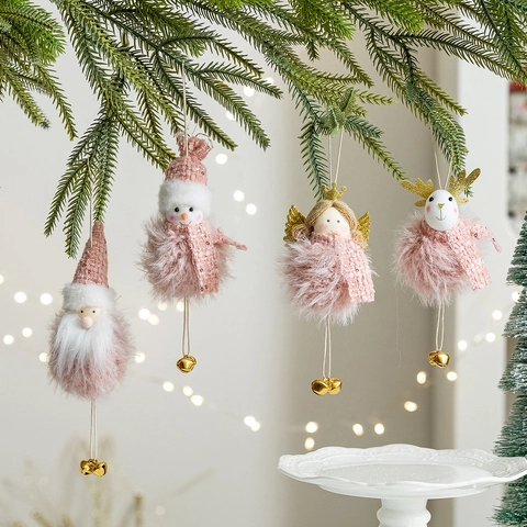 Pink Plush Christmas Hanging Ornaments Santa Snowman Angel Reindeer With Gold Bells Holiday Tree Decorations Cute Fabric