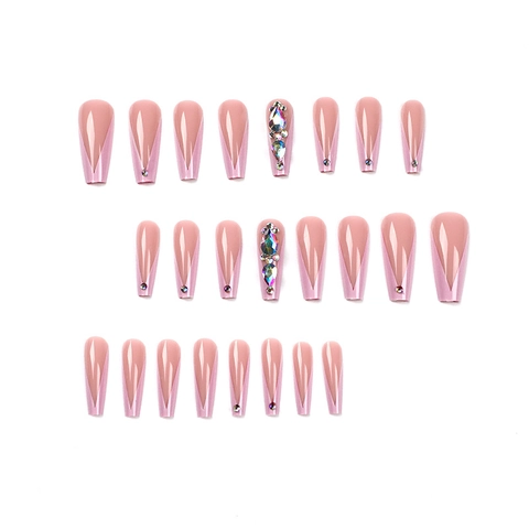 Uñas Postizas Rosa French V-Tip Larga Bailarina Coffin Decoración Strass Elegante Lujo Uñas Para Mujeres