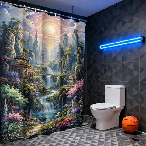 Fantasie Landschaft Bedruckter Duschvorhang Wasserdicht Polyester Gewebe Mit Haken Badezimmer Dekor Orientalischen Wasserfall