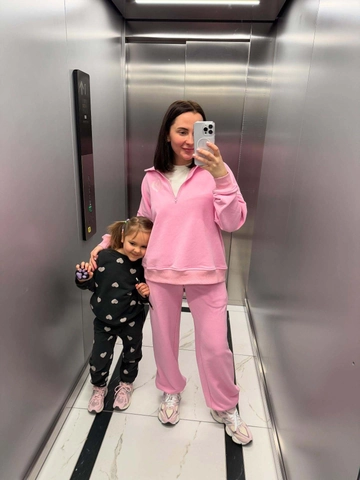 Set Felpa E Pantaloni Con Cappuccio Donna Cotone Mezza Cerniera Ricamo Cuore Vita Alta Loungewear