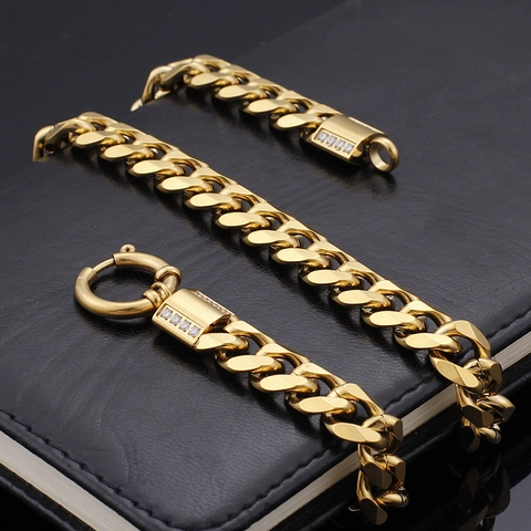 Collar De Cadena Cubana De Acero Inoxidable Chapado En Oro De 18K Estilo Hip Hop Con Cierre De Resorte De Diamantes Para Hombre