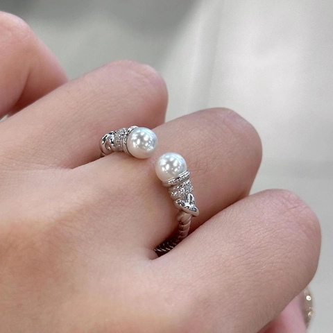 925 Sterling Silber Künstliche Perlenring Für Damen Vintage Gedreht Verstellbar Offen Ring Mit Strass Eleganter Schmuck