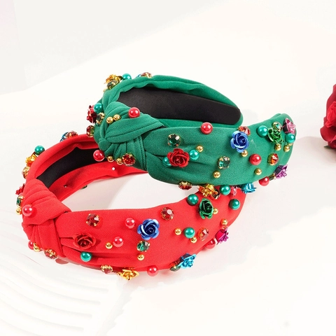 Cerchietto Largo Con Nodo Fiore Di Rosa In Lega Strass Finta Perla Artificial Tessuto Elegante Accessorio Capelli Per Donne