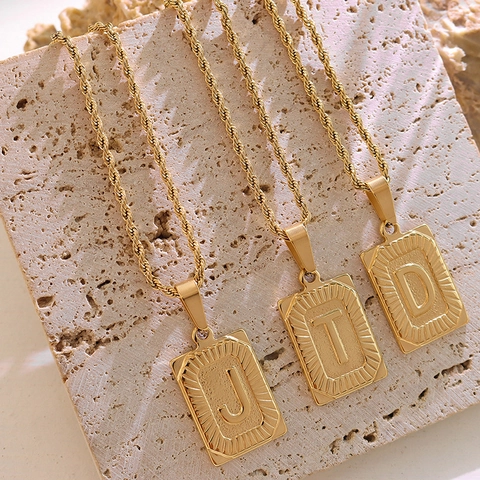 Vintage A-Z Buchstaben Anhänger Halskette 18K Vergoldeter Edelstahl Rechteckiger Tag Sonnenstrahl Seilkette Für Frauen