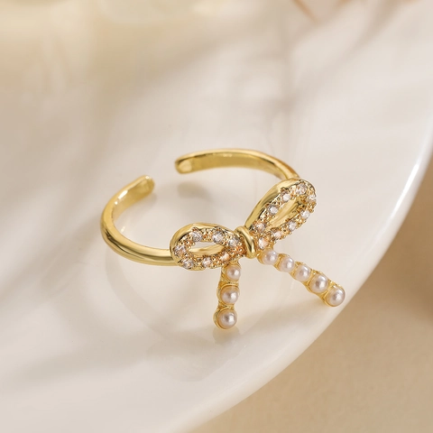 Bow Open Ring Women Copper Micro Inlaid Zircon Rhinestone Adjustable Fashionable Minimalist Elegant Jewelry