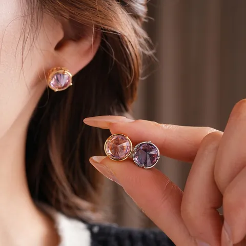 Vintage Round Zirconia Stud Earrings 18k Gold Plated Copper Luxury Retro Style With Silver Earring Post For Women