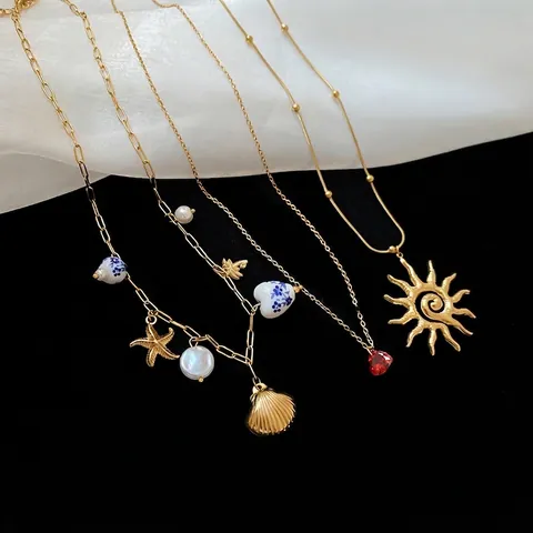 Starfish Shell Pendant Necklace Stainless Steel Faux Artificial Pearl Porcelain Beads Ocean Style Boho Jewelry For Women Gold