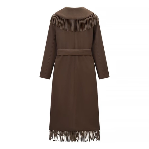 Women Long Woolen Texture Overcoat With Tassel Fringe Detail Lapel Collar Belted Waist Dark Brown Winter Fashion Elegant