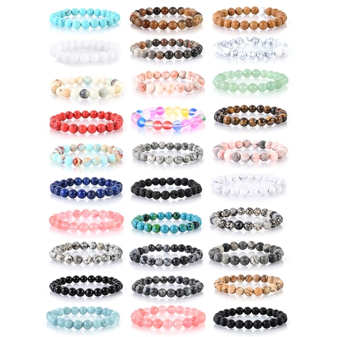 Natural Stone Beaded Bracelet Round Agate Turquoise Lava Rock Elastic Stretch Wristband Minimalist Jewelry For Men Women