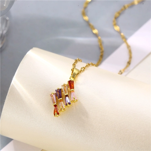 Collar Colgante Circonita Colorida Baguette Cadena Acero Titanio Cobre Chapado Oro 18K Joyería Geométrica Mujer