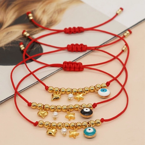 Bracciale Intrecciato In Filo Rosso Malocchio Con Ciondoli A Cuore Stella Placcati In Oro E Perla Artificial Gioielli Regolabili Donna