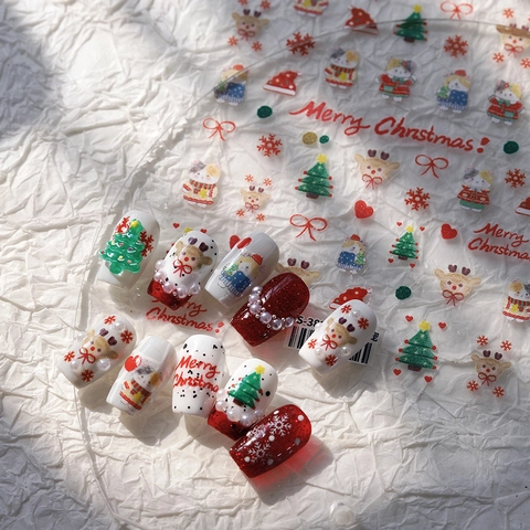 Christmas Nail Stickers 5D Embossed Relief Santa Cat Reindeer Snowflakes Ultra Thin Adhesive Manicure DIY Nail Art