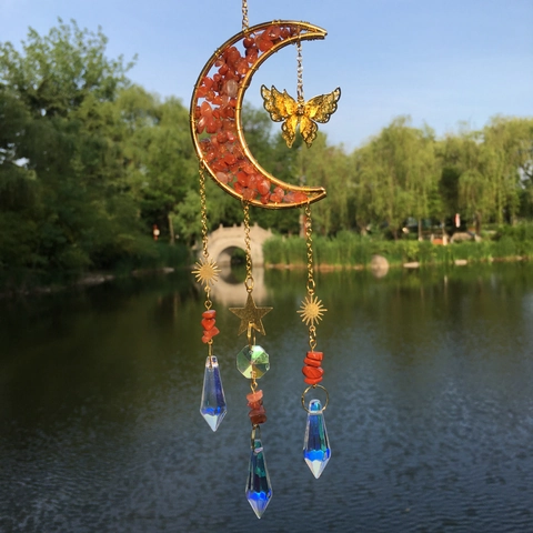 Crystal Suncatcher Moon Butterfly Wind Chime Hanging Ornament Natural Stone Crushed Glass Prism Rainbow Maker Garden Home Decor