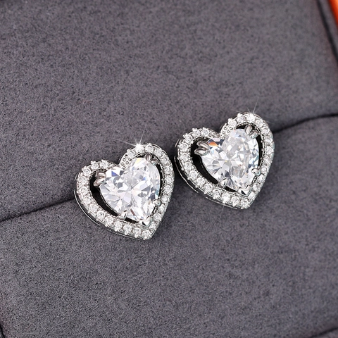 Exquisite Copper Heart Stud Earrings Inlaid With Zirconia Platinum Plated Hollow Double Layer Simple Fashion Ear Jewelry For Women