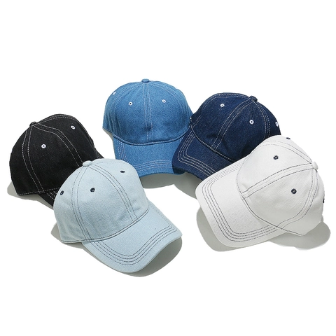 Cappello Da Baseball In Denim Di Cotone Lavato Retro Distressed Tesa Curva Cuciture A Contrasto Regolabile Casual