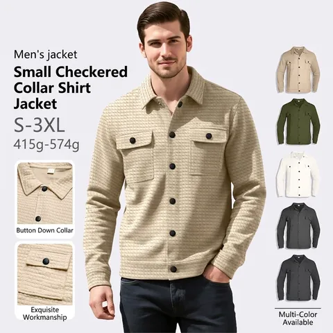 Chaqueta Camisa Hombre Punto Gofre Jacquard Cuadros Manga Larga Casual Shacket Con Bolsillos Pecho