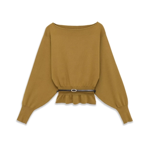 Pull En Tricot À Épaules Dénudées Pour Femmes Manches Chauve-souris Manches Longues Col Bateau Avec Ceinture Ourlet À Basques