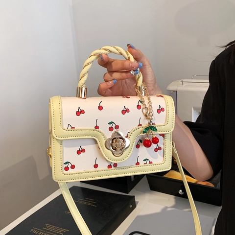Bolso De Hombro Con Estampado De Cerezas Para Mujer Cuero PU Bolso Dulce Con Cierre De Flor Y Asa Trenzada Estilo Retro Niñas