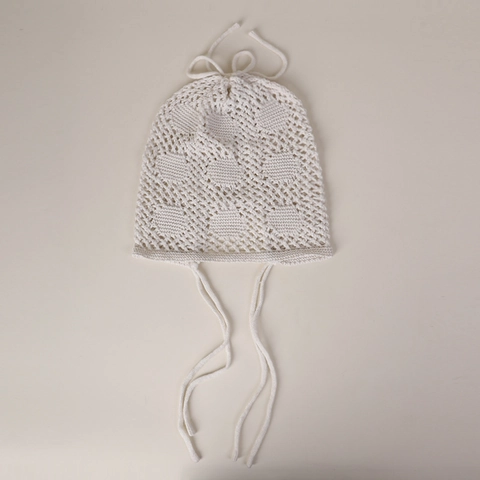 Women Crochet Beanie Hat Cotton Hollow Out Knitted Bonnet With Straps Retro Bohemian Breathable Handmade