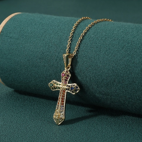 Mode Vergoldet Kupfer Zirkonia Kreuz Anhänger Halskette Für Damen Religiös Mehrfarbig Weiß CZ Trendy Schmuck Zubehör Geschenk