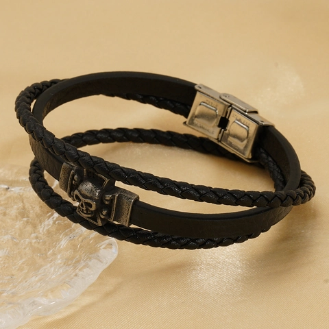 Pulsera De Hombre Calavera Cruz Punk Cuero Trenzado Doble Capa Acero Inoxidable Cierre Magnético Vintage Gótico