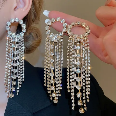 Boucles D'oreilles À Longs Glands Avec Tige En Argent Sterling 925 Cuivre Rond Strass Bijoux Pour Femmes Fête Mariage