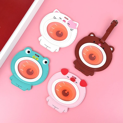 Cartoon Animal Luggage Tag PU Leather Travel ID Name Labels For Suitcase Bag Anti-lost Bear Pig Cat Frog Design