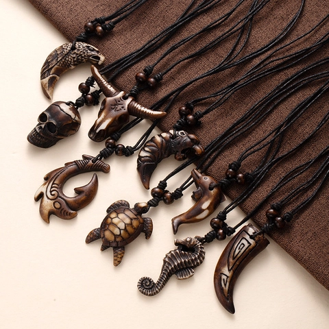 Tribal Ethnische Anhänger Halskette Harz Faux Knochen Maori Fischhaken Tier Totem Vintage Verstellbare Wachskordel Schmuck