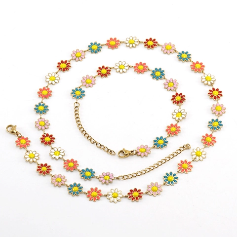 Margrietje Ketting En Armband Sieraden 18K Verguld Roestvrij Staal Kleurrijke Bloemen O-Ketting Verstelbaar Voor Dames