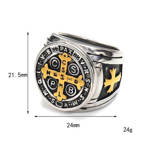St Benedict Medal Ring Vintage Stainless Steel Religious Cross Relief Signet Ring For Men Jewelry Punk Style Retro