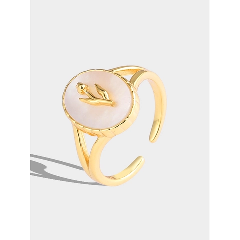 French Vintage Tulip Flower Relief Ring 925 Sterling Silver Shell Oval Adjustable Open Finger Jewelry Women