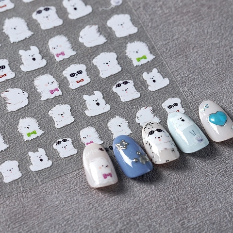 Autocollants Ongles 5D Gaufrés Dessin Animé Chiot Blanc Style Japonais Auto-Adhésif DIY Décalcomanies Mignonnes Pour Filles