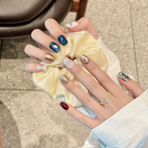 Ongles à Presser Faits Main Art Estompé Marbre Œil de Chat Bleu Rouge Foncé Or Champagne Carré Court Décoration Ongles