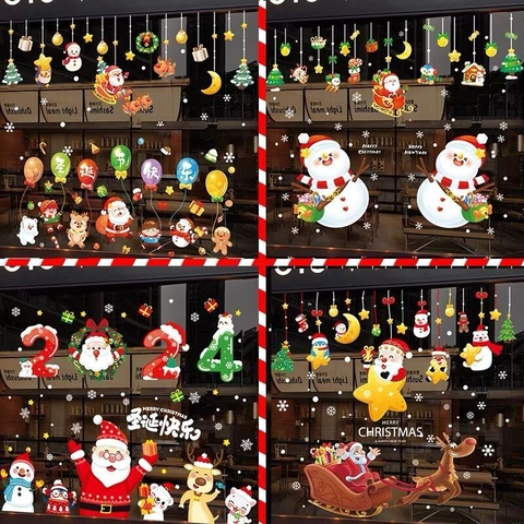 Christmas Window Stickers Static Cling PVC Decals For Glass Door Shop Showcase Decoration Cartoon Santa Claus Snowman Reindeer