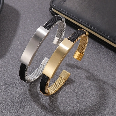 Men Open C-Shaped Bangle Stainless Steel Woven Metal Mesh Industrial Rock Hip Hop Jewelry