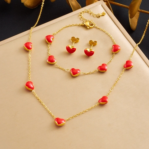 Collier Bracelet Et Boucles D'oreilles Coeur Acier Inoxydable Plaqué Or Émail Rouge Bijoux Style Coréen Pour Femme