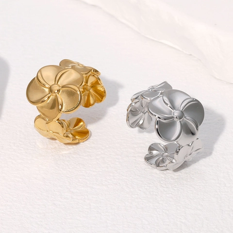 Flower Ring Stainless Steel 18K Gold Plated Adjustable Opening Floral Minimalist Jewelry For Women