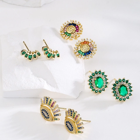 Geometric Copper Stud Earrings With Copper Earring Post 18K Gold Plated Colorful Micro Inlaid Zircon Retro Jewelry