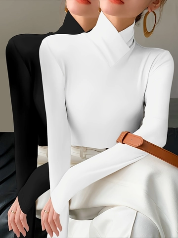 Dames Top Met Lange Mouwen En Col Nauwsluitende Pasvorm Effen Kleur Polyester Spandex Elegant Shirt