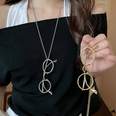 Collier Pendentif Lunettes Rondes Rétro Alliage Longue Chaîne Métallique Bijoux Femmes Accessoires Minimaliste
