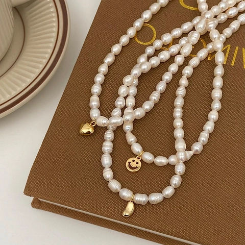Collana Di Perle D Acqua Dolce Con Ciondoli A Cuore Sorriso Fagiolo Placcati In Oro Gioielli Stile Vintage Per Donna