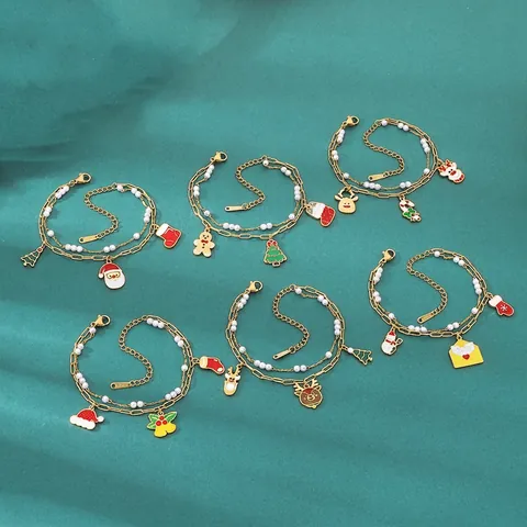 Pulsera De Navidad En Capas Acero Inoxidable Colgantes Esmalte Perla Artificial Festiva Papá Noel Reno Joyas Mujer