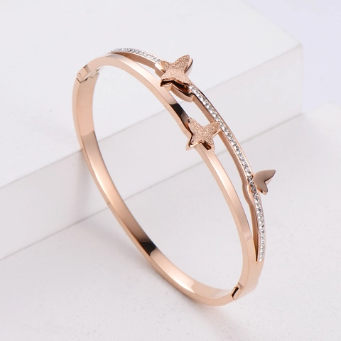Butterfly Bangle Bracelet 304 Stainless Steel Double Layer Pavé Zircon Rhinestone Elegant Minimalist Jewelry For Women