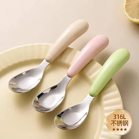 Baby Feeding Spoon 316L Stainless Steel Ergonomic Short Handle Self Feeding Training Toddler Tableware Macaron Colors