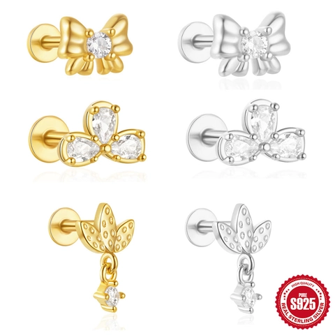 925 Sterling Silver Zirconia Bowknot Leaf Flower Ear Cartilage Stud Earrings Minimalist Flat Head Piercing Jewelry For Women