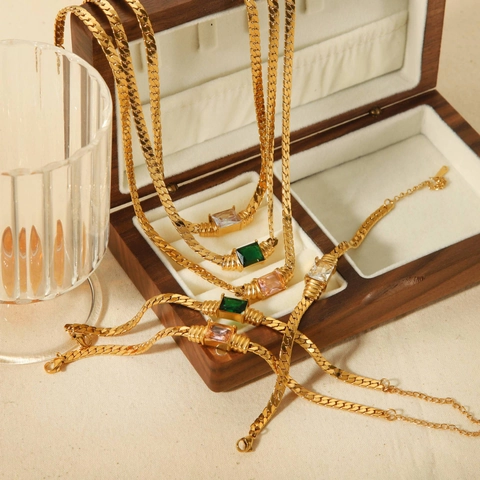 18K Gold Plated Stainless Steel Necklace And Bracelet For Women Square Cubic Zirconia Minimalist Elegant Jewelry
